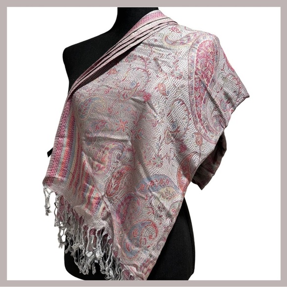 Elegant Shawl in Silver & Pink Paisley- Versatile Wrap, Scarf, Veil Soft Rayon - Picture 1 of 17